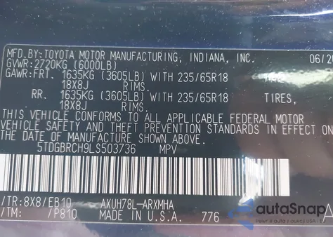 2020 Toyota Highlander Hybrid Xle from USA, damaged, VIN 5TDGBRCH9LS503736